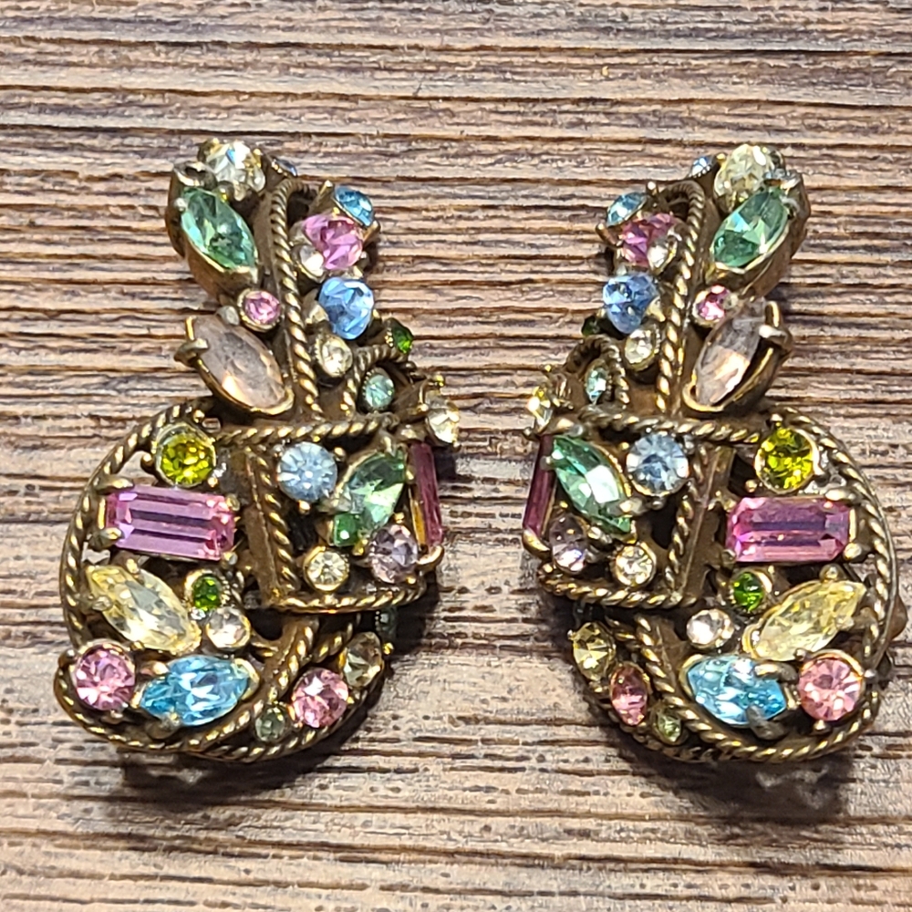 Vintage Hollycraft Pastel Rhinestones Large Earrings